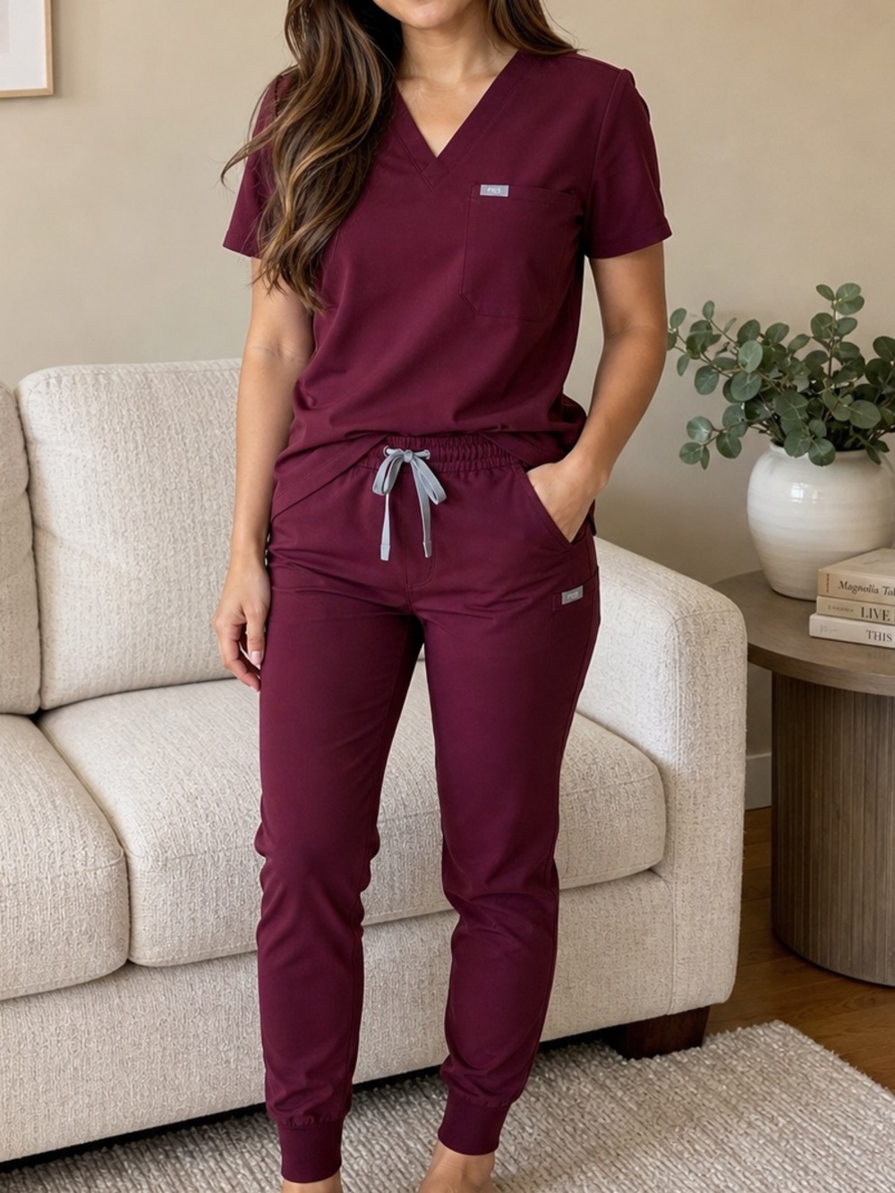 figs: burgundy catarina top xxs, zamora high waisted jogger xs p, scrub set